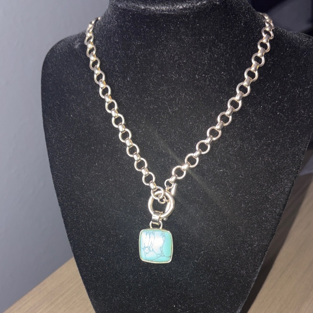 Silver Anne Klein Necklace with Turquoise Pendant - Women Jewelry